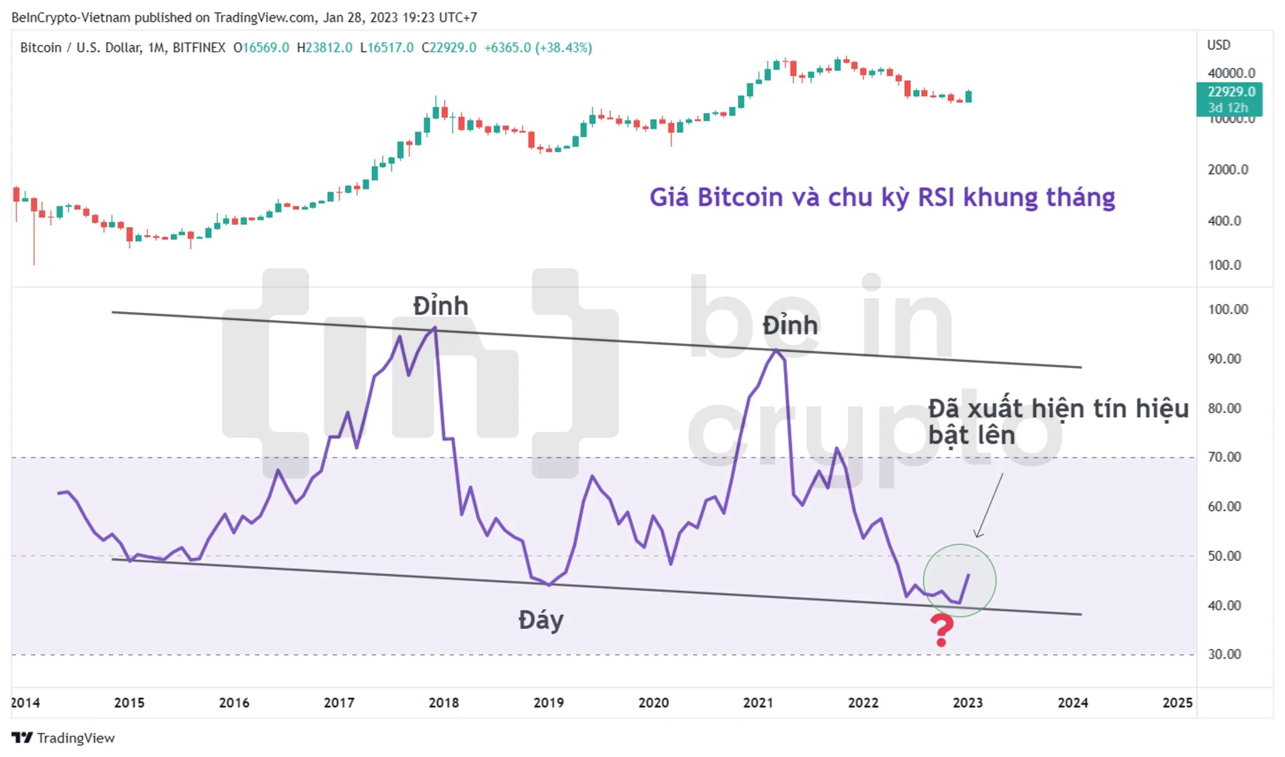 Giá Bitcoin và RSI khung tháng.