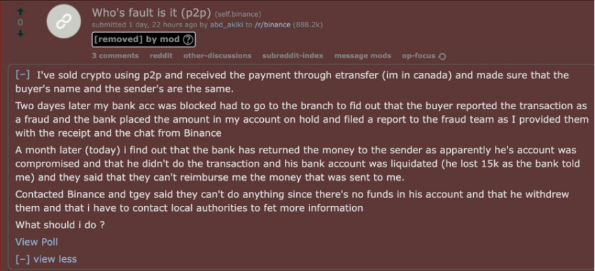 Một bài đăng Reddit kể về các vấn đề trên Binance P2P. Nguồn: Reddit