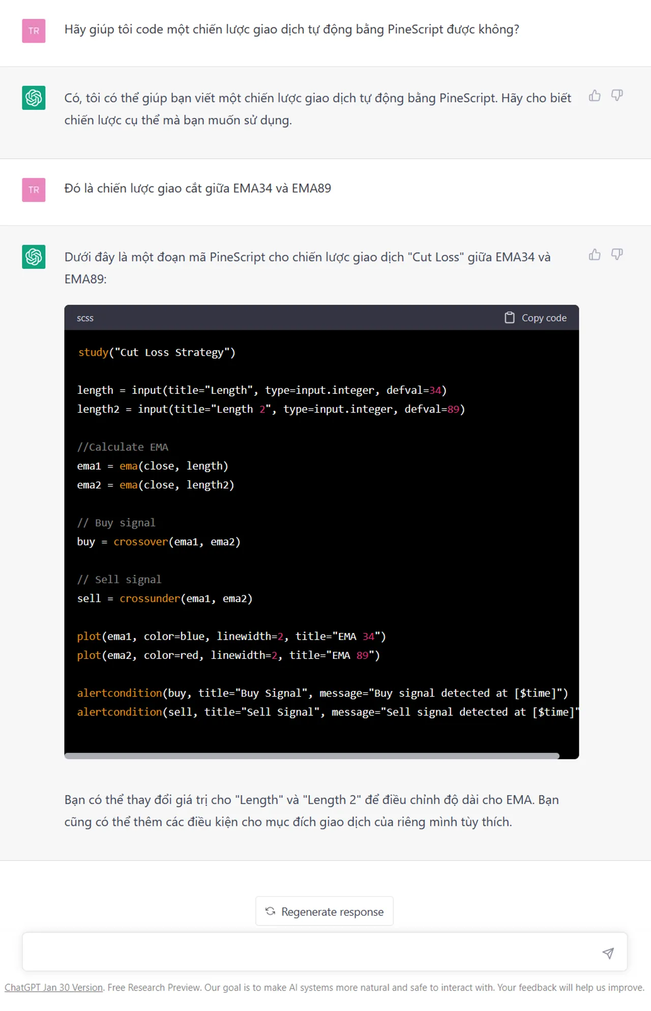 ChatGPT khi được yêu cầu code chiến lược giao dịch bằng PineScript.