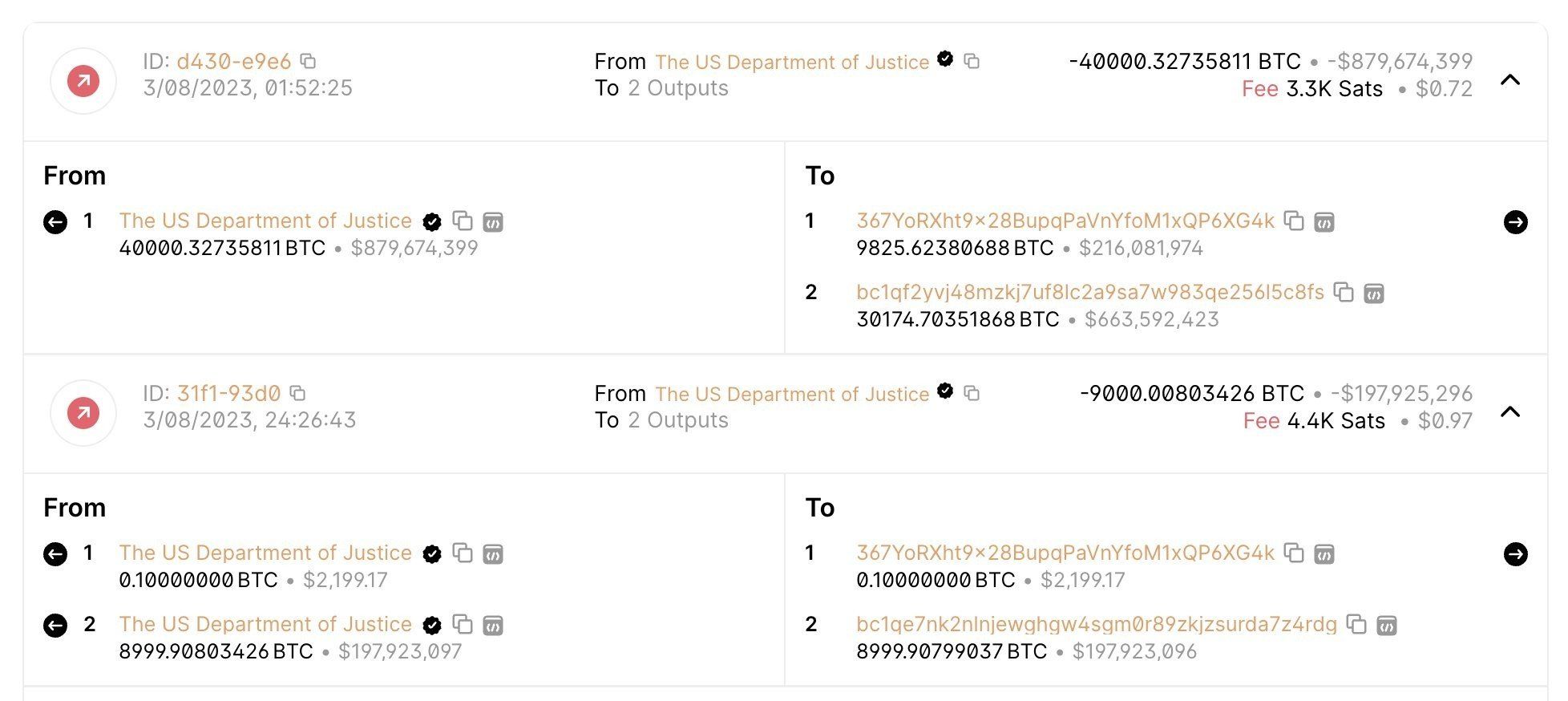Giao dịch chuyển BTC từ Bộ tư pháp Hoa Kỳ. Nguồn: Spot On Chain