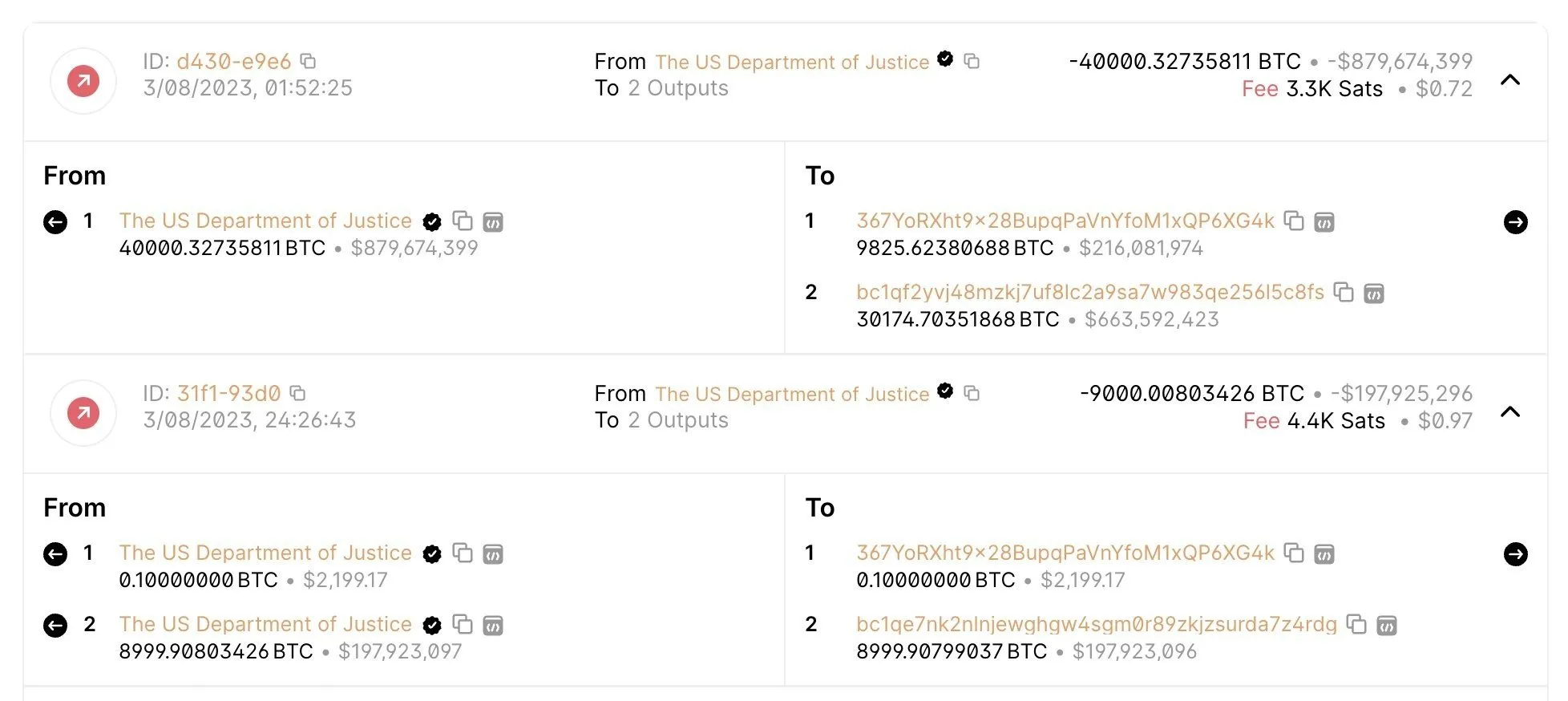 Giao dịch chuyển BTC từ Bộ tư pháp Hoa Kỳ. Nguồn: Spot On Chain