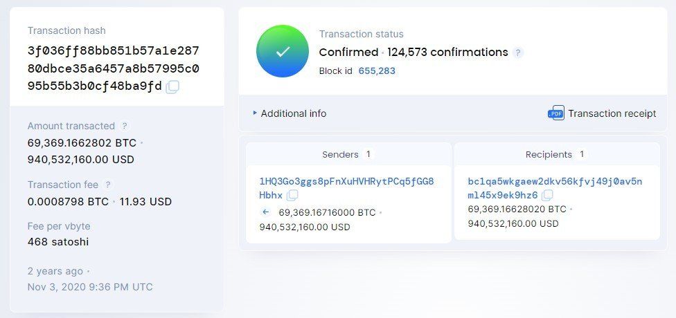 Giao dịch chuyển BTC của Bộ tư pháp Hoa Kỳ