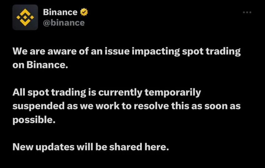 Binance thông báo tạm dừng giao dịch