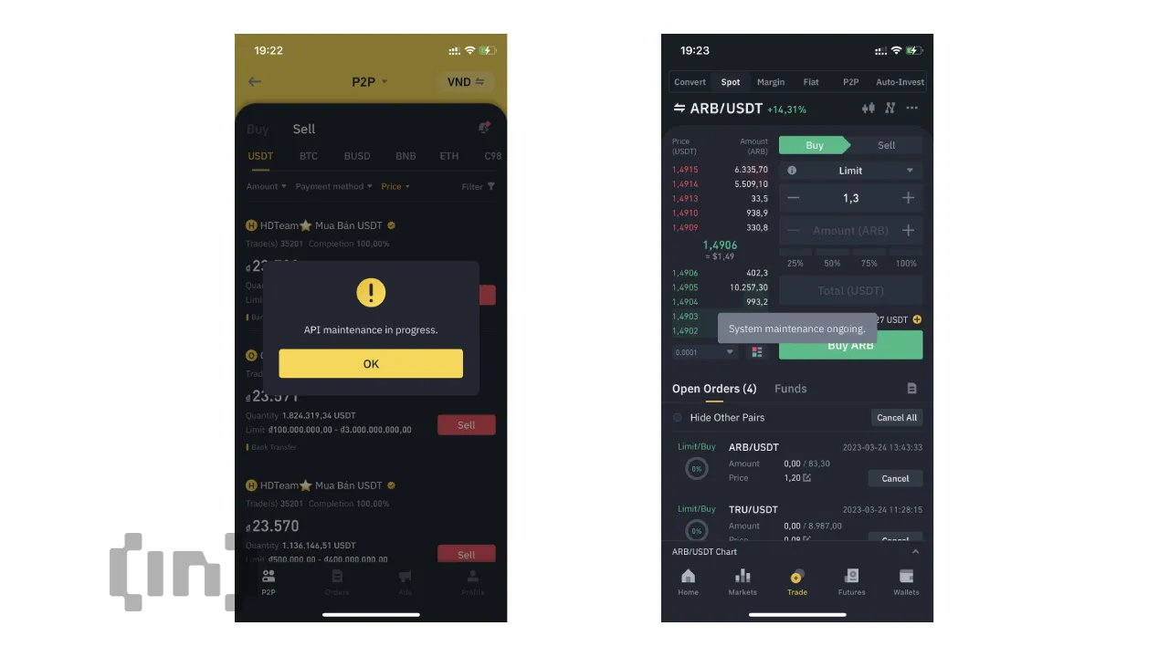 Giao dịch spot và P2P trên Binance hiện không thực hiện được
