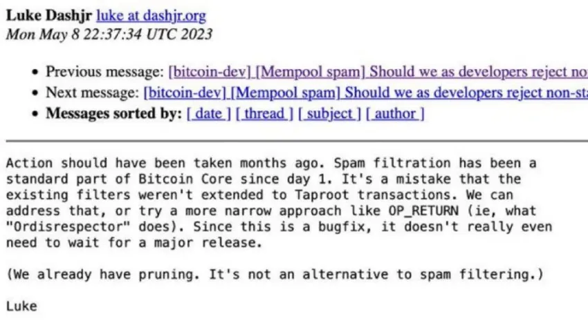 Đoạn trích email từ Luke Dashjr than thở Ordinals là spam trên mạng Bitcoin. Nguồn: Twitter/@ryanberckmans