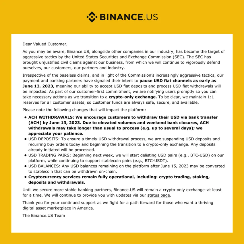Binance.US tiết lộ sẽ tạm dừng giao dịch USD. Nguồn: Twitter/Binance.US