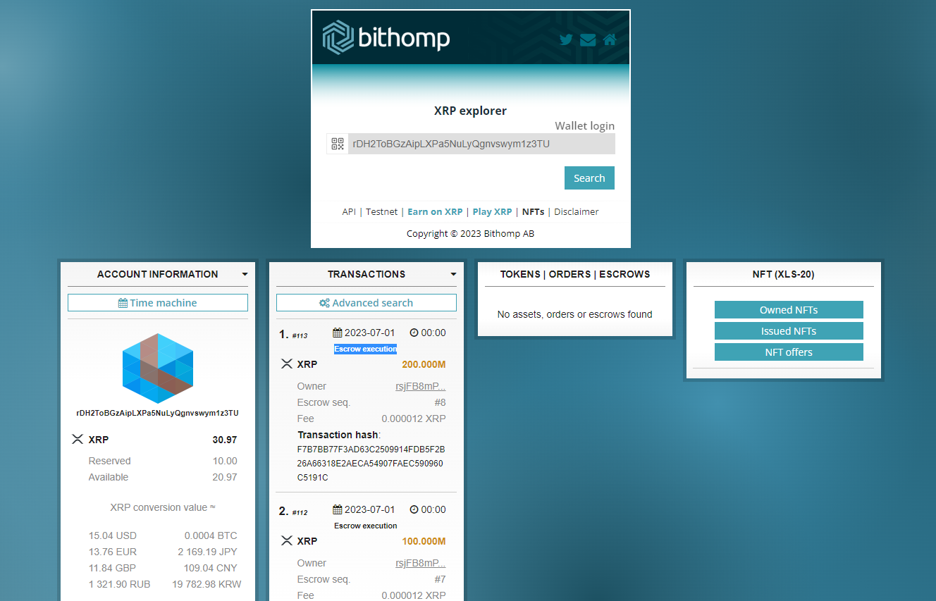 Các giao dịch phát hành XRP từ ví ký quỹ của Ripple. Nguồn: bithomp