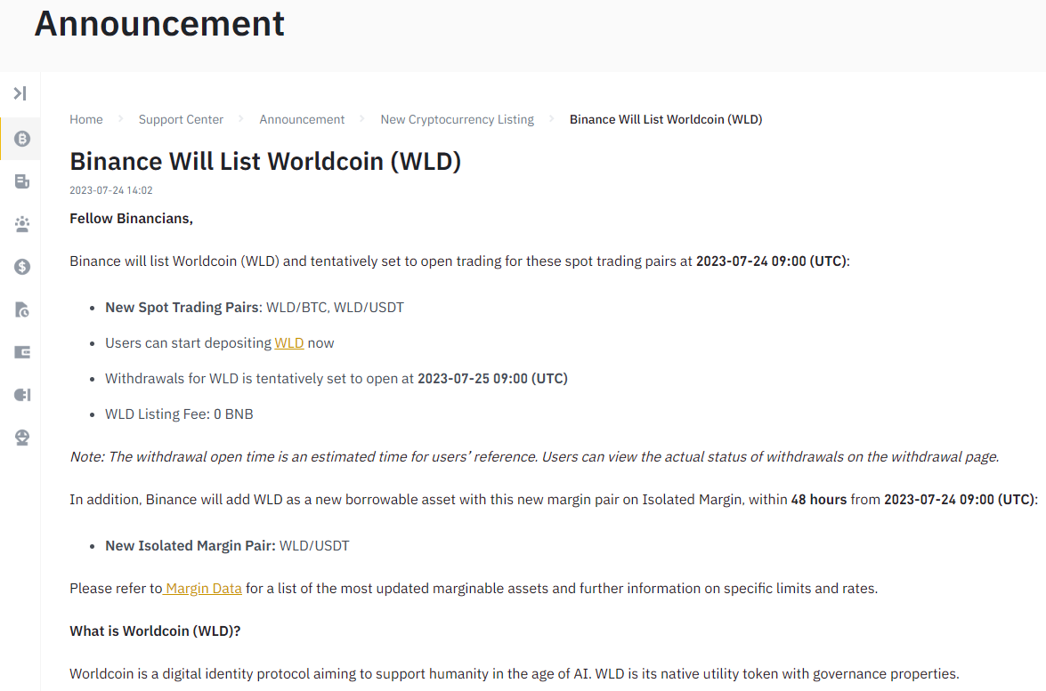 Binance thông báo niêm yết WorldCoin.