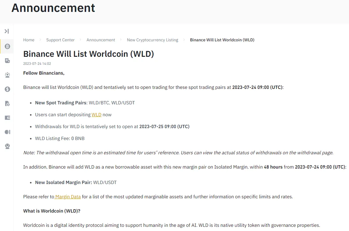Binance thông báo niêm yết WorldCoin.