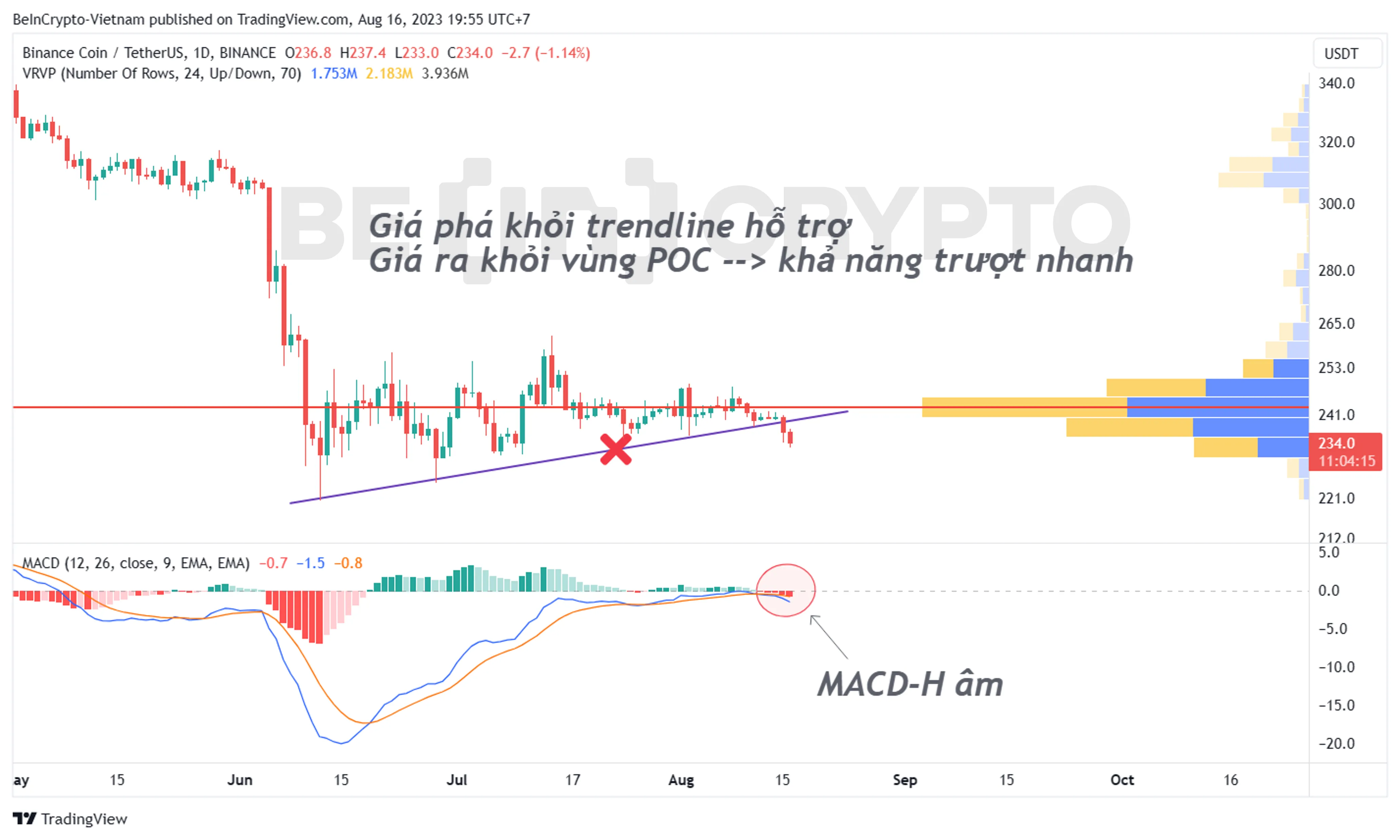 Phân tích kỹ thuật BNB khung ngày với MACD-H và Volume Profile.