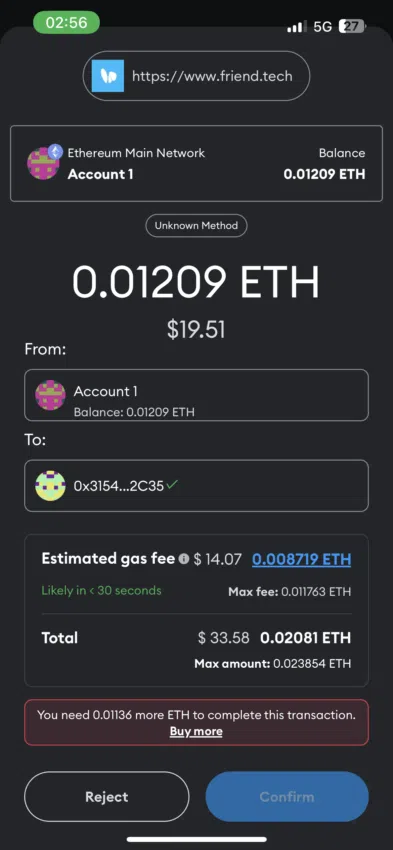 Phí gas chuyển ETH sang ví Friend.tech