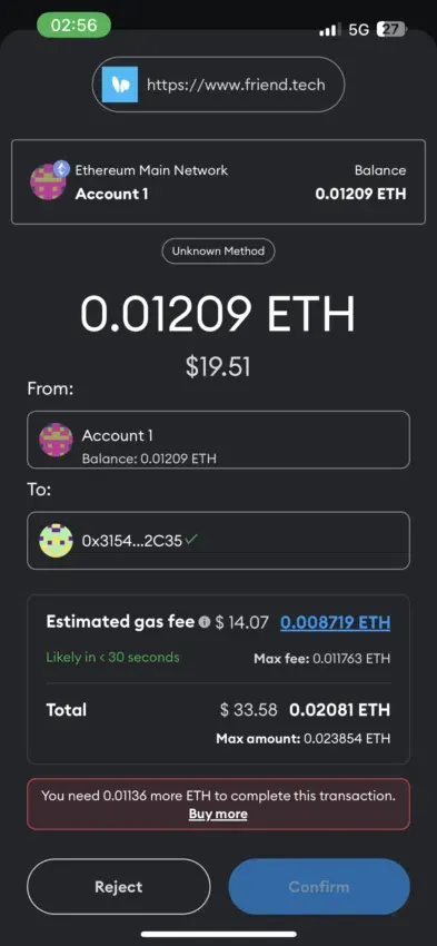 Phí gas chuyển ETH sang ví Friend.tech