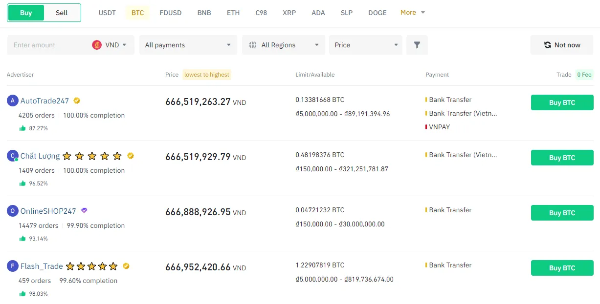 Mua BTC theo hình thức P2P