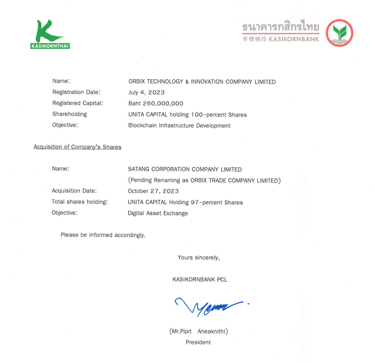 Thông tin KBank mua Satang thông qua công ty con Unita Capital. Nguồn: KBank
