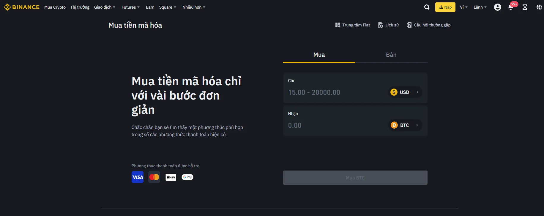 Mua nhanh Crypto trên Binance