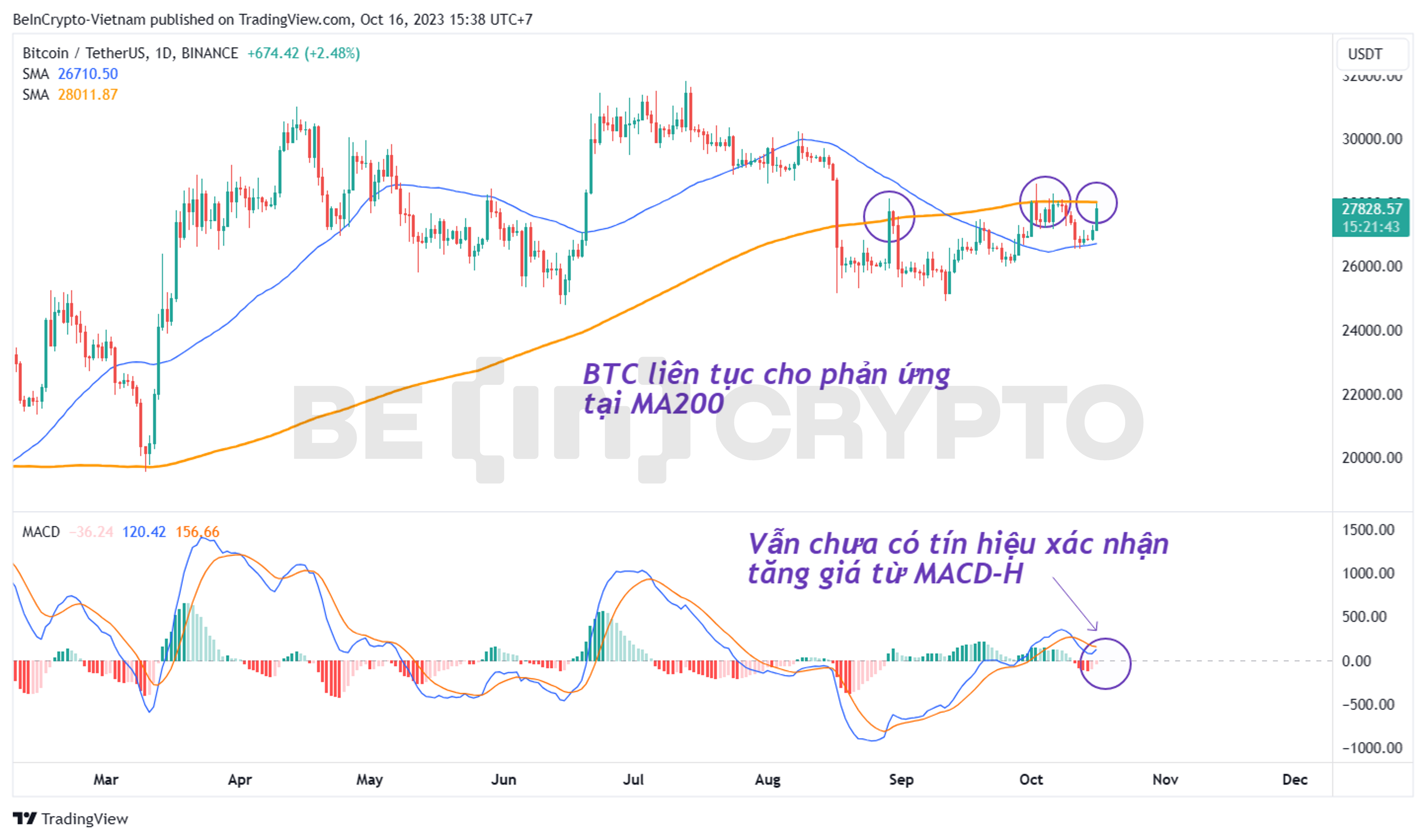Phân tích kỹ thuật BTC khung ngày với chỉ báo MACD-H, MA50, MA200.