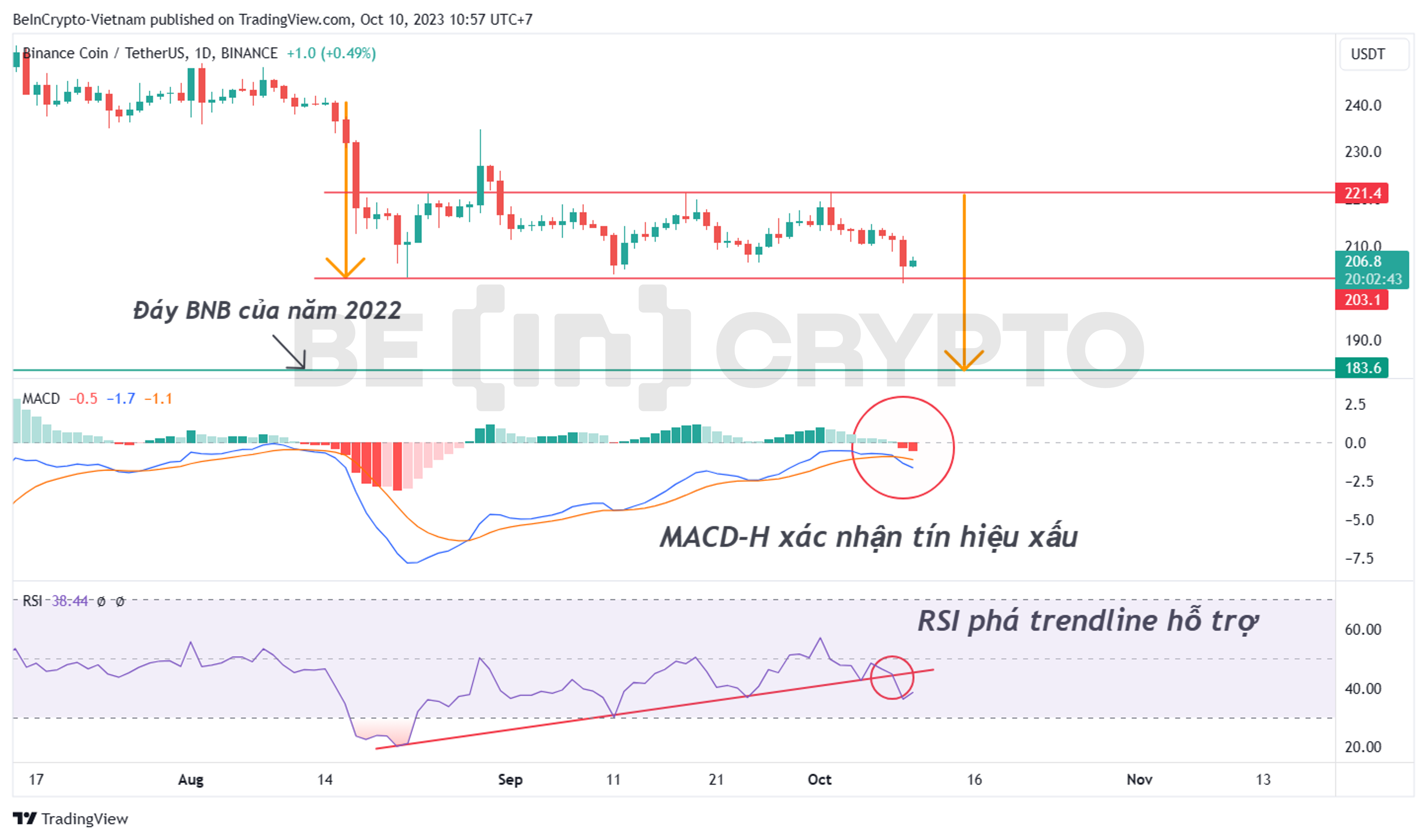 Phân tích kỹ thuật BNB khung ngày với MACD-H và RSI.