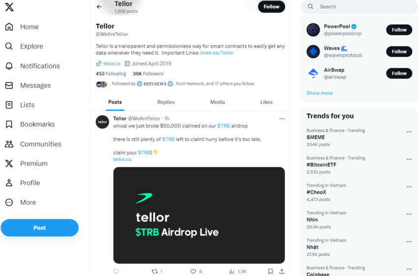 Thông báo airdrop trên X của Tellor