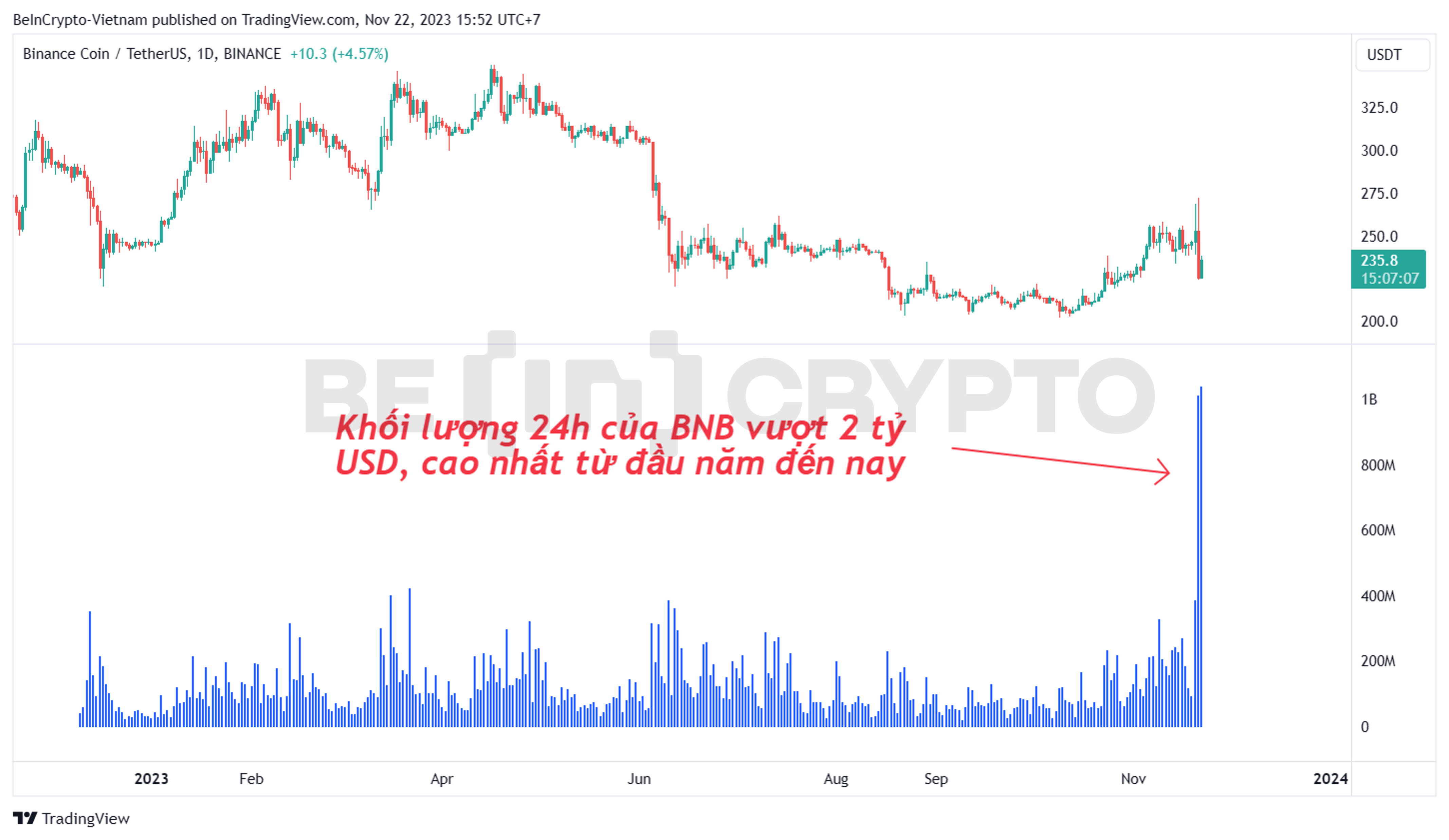 Đường giá Binance Coinn (BNB) và khối lượng giao dịch 24h.