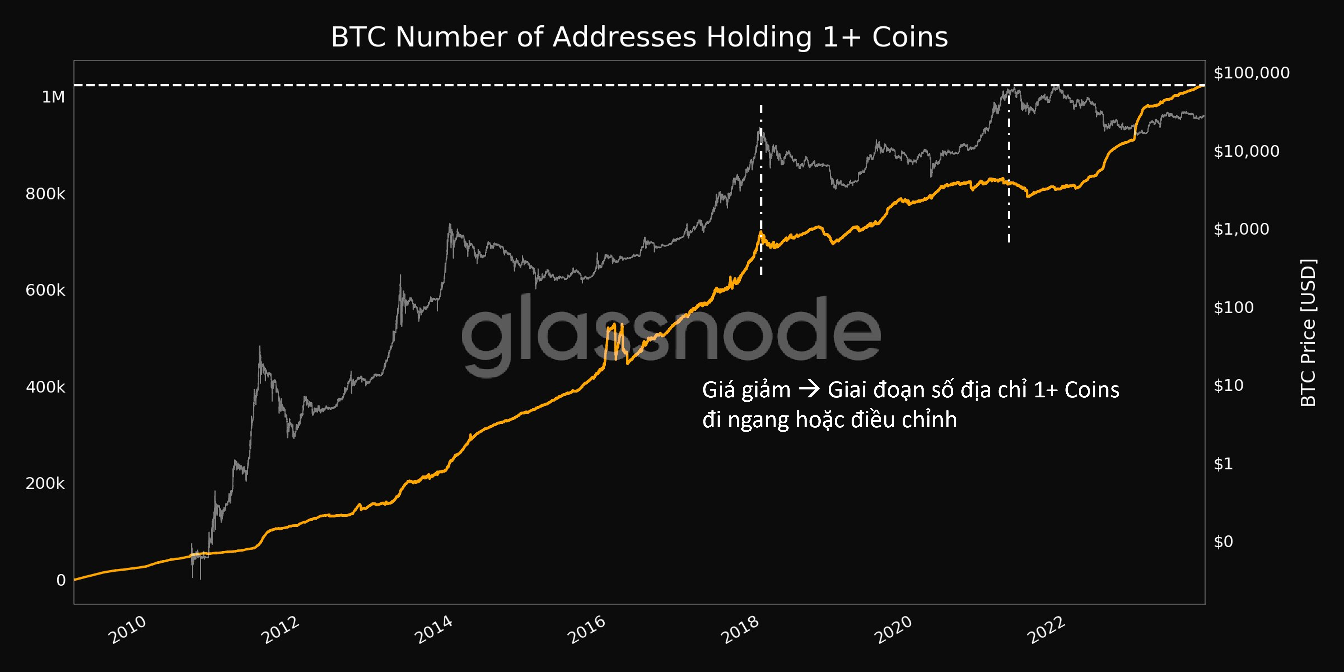 Biến động của lượng địa chỉ ví BTC có số dư từ 1BTC trở lên. Nguồn: glassnode.