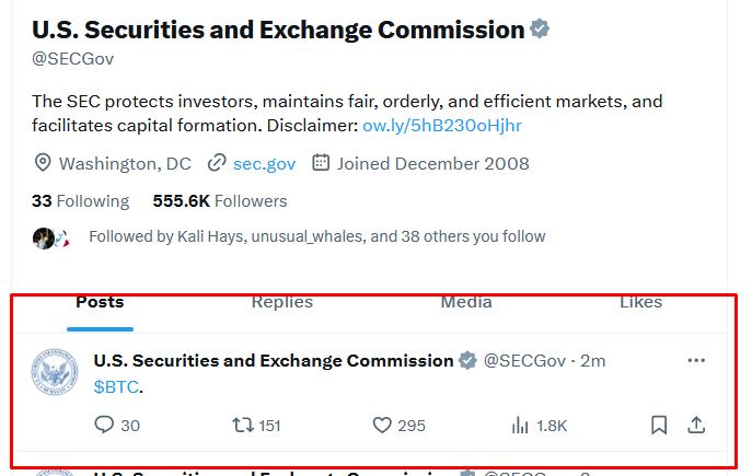 Đoạn tweet có gắn tag BTC của SEC nhưng đã bị xóa đi ngay sau đó. Nguồn: X
