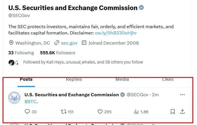 Đoạn tweet có gắn tag BTC của SEC nhưng đã bị xóa đi ngay sau đó. Nguồn: X