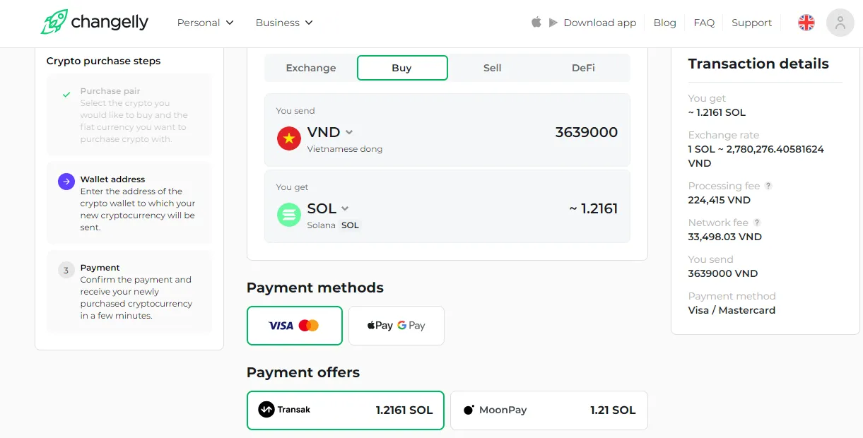 Mua SOL bằng thẻ tín dụng, thẻ ghi nợ trên Changelly