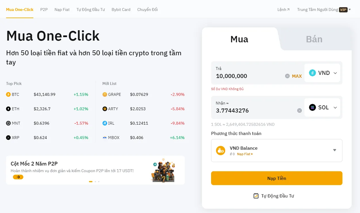 Mua SOL bằng thẻ tín dụng, thẻ ghi nợ trên Bybit