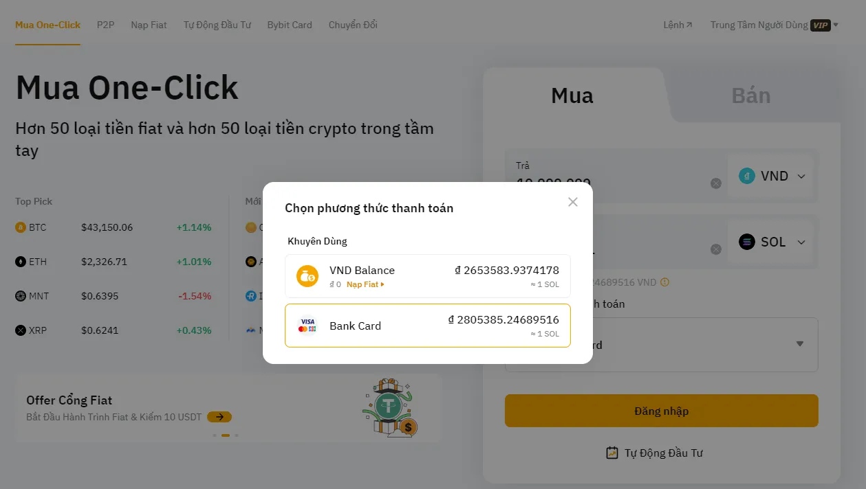 Mua SOL bằng thẻ tín dụng, thẻ ghi nợ trên Bybit