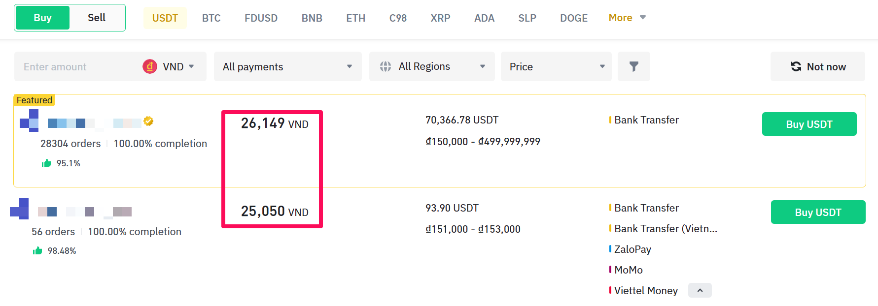 Giá USDT/VND trên Binance P2P vượt 26,000 VND. Nguồn: Binance P2P.