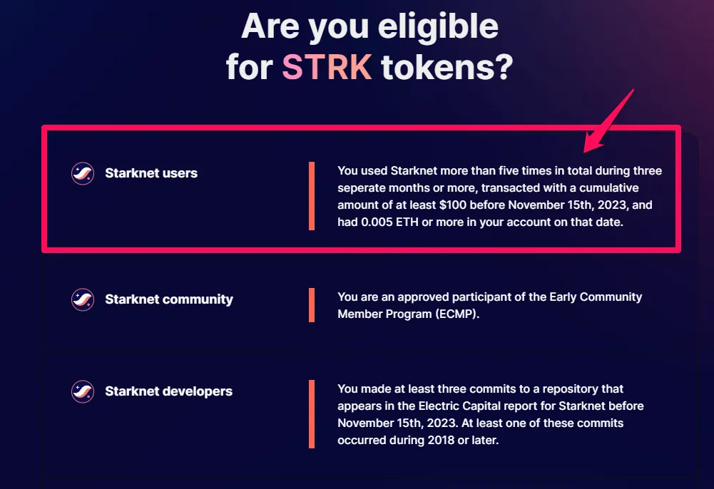 Điều kiện nhận airdrop Starknet. Nguồn: provisions.starknet.io