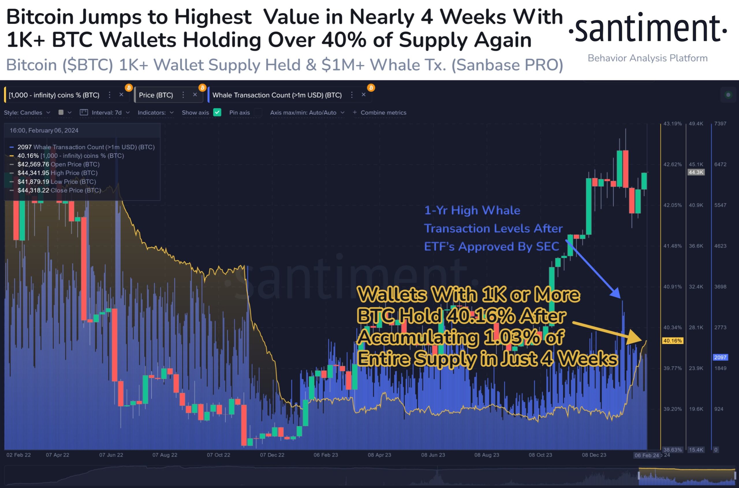 Tỷ trọng số lượng ví có số từ trên từ trên 1,000 BTC. Nguồn: Santiment.