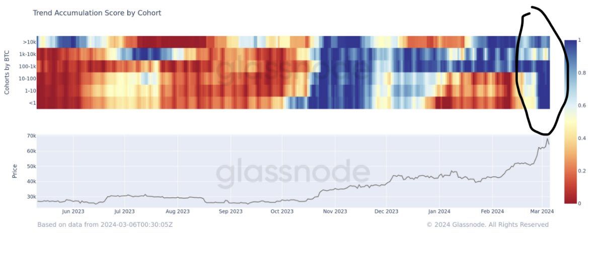 Bicoin Trend Accumulation Score. Nguồn: glassnode/bitcoinmunger