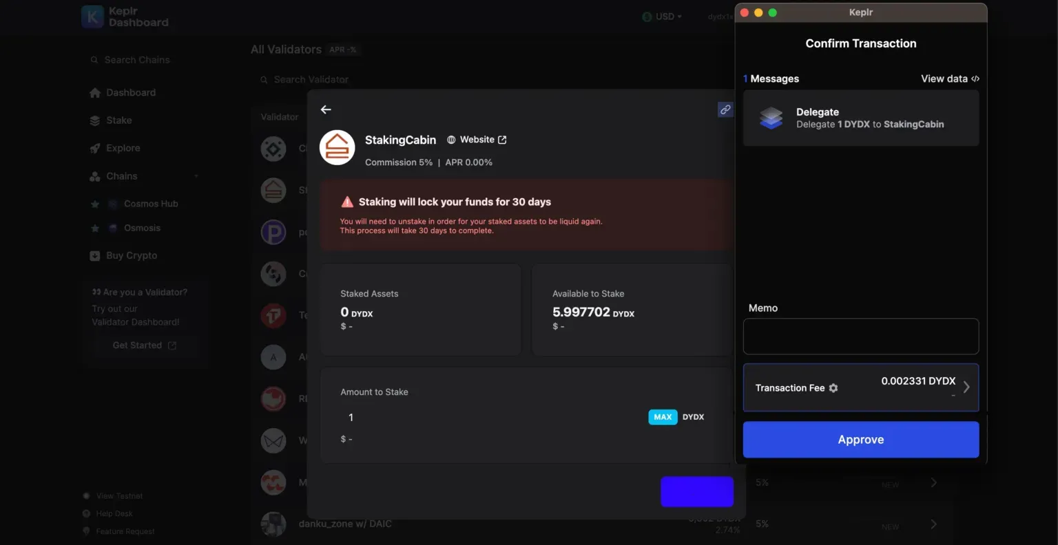 Staking DYDX. Nguồn: Keplr