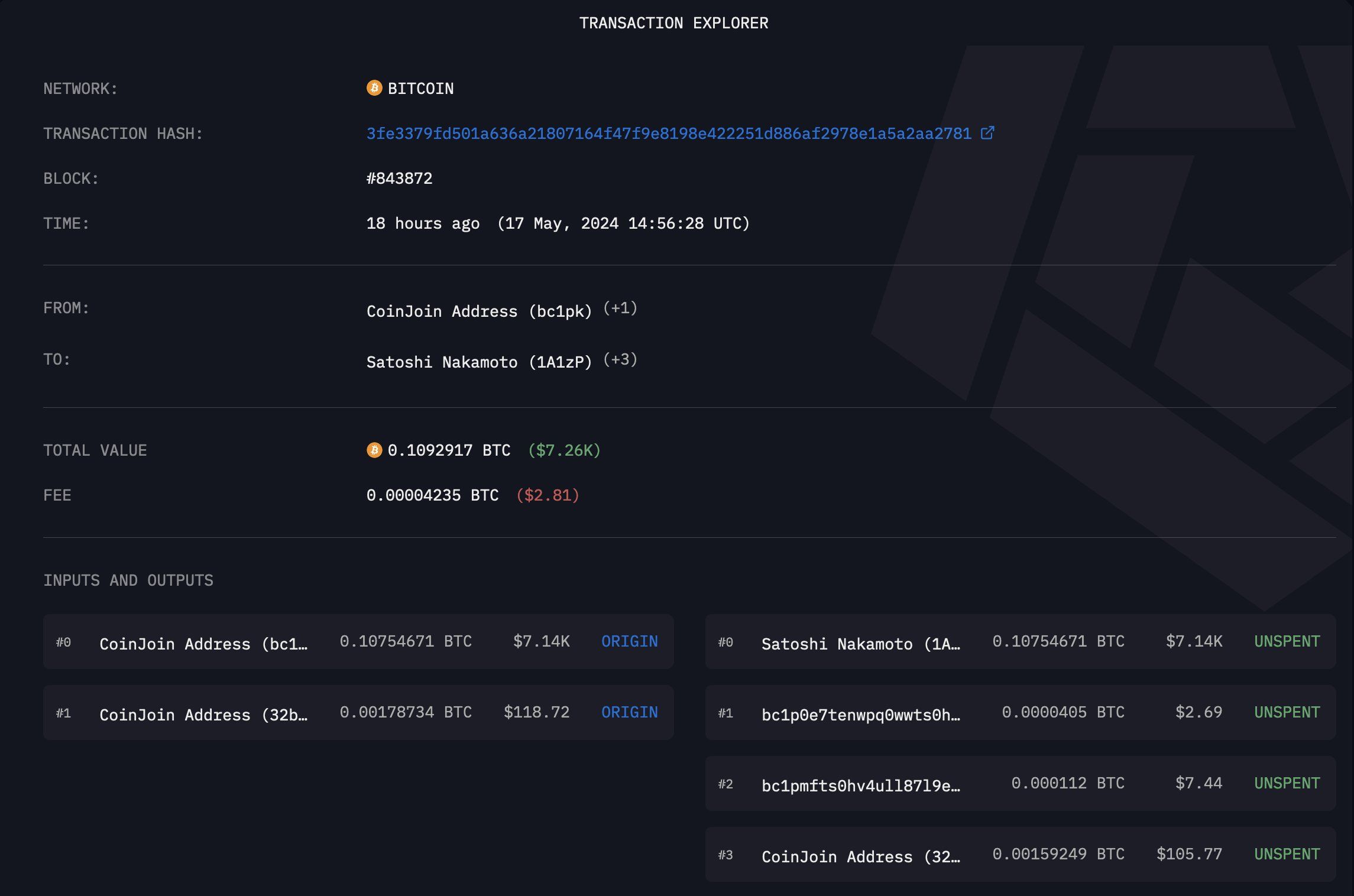 Một người dùng Bitcoin đã vô tình gửi ~ 7,000 USD BTC đến địa chỉ của Satoshi. Nguồn: Arkham Intelligence