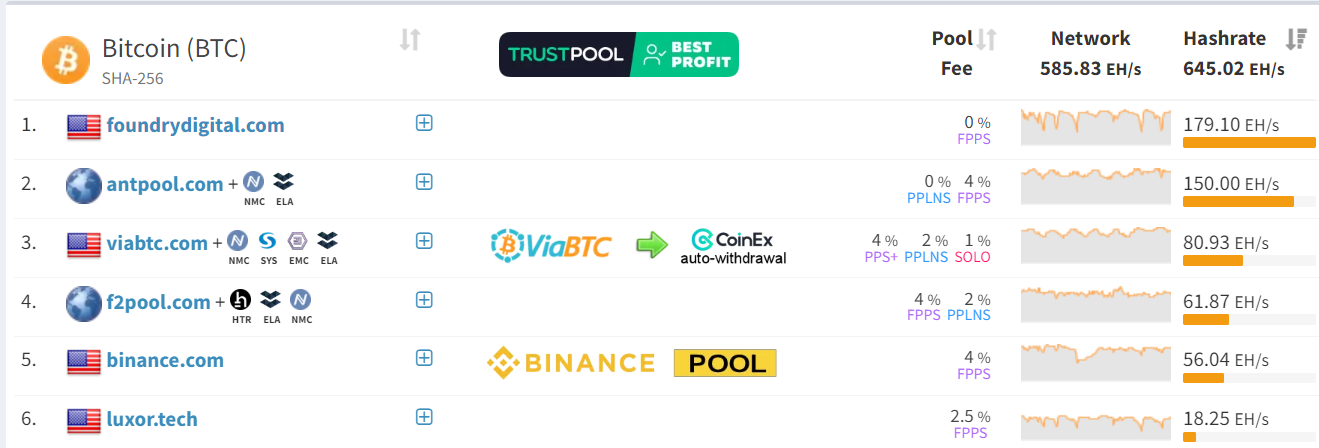 5 pool khai thác Bitcoin hàng đầu theo Hashrate. Nguồn: MiningPoolStats