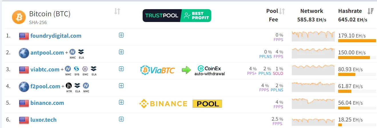 5 pool khai thác Bitcoin hàng đầu theo Hashrate. Nguồn: MiningPoolStats