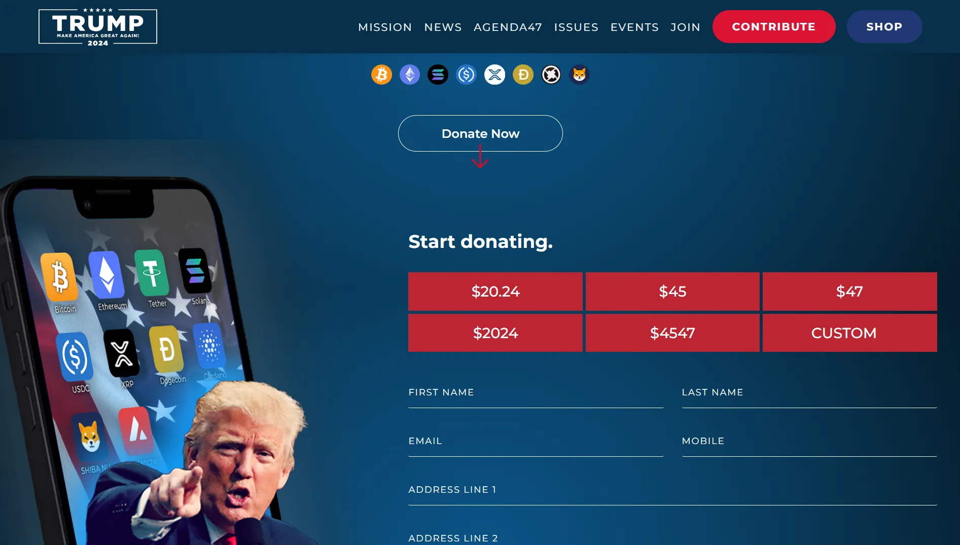 Trang quyên góp tiền điện tử chính thức của Donald Trump.