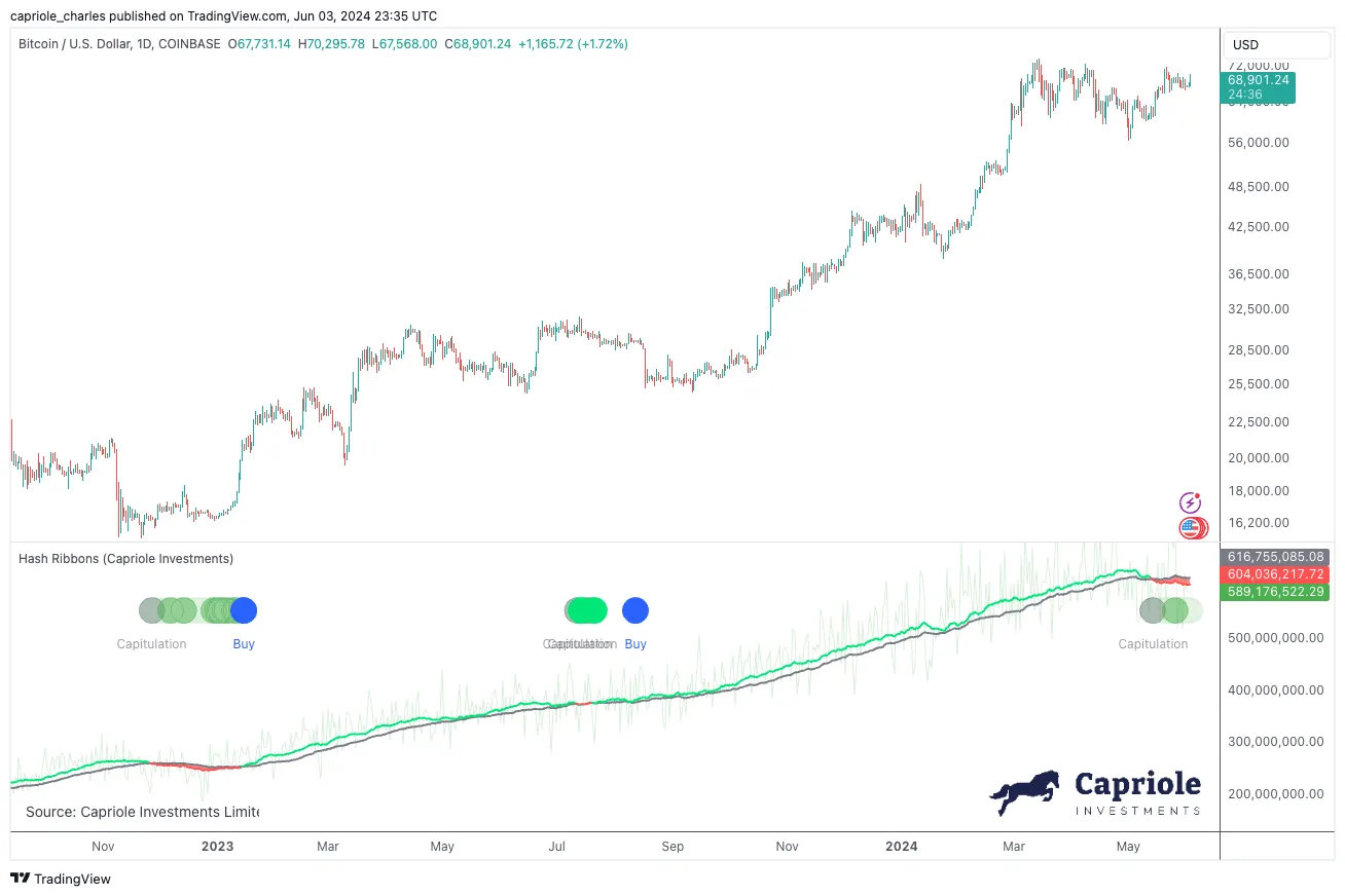 Bitcoin Price Performance and Hash Ribbons Indicator