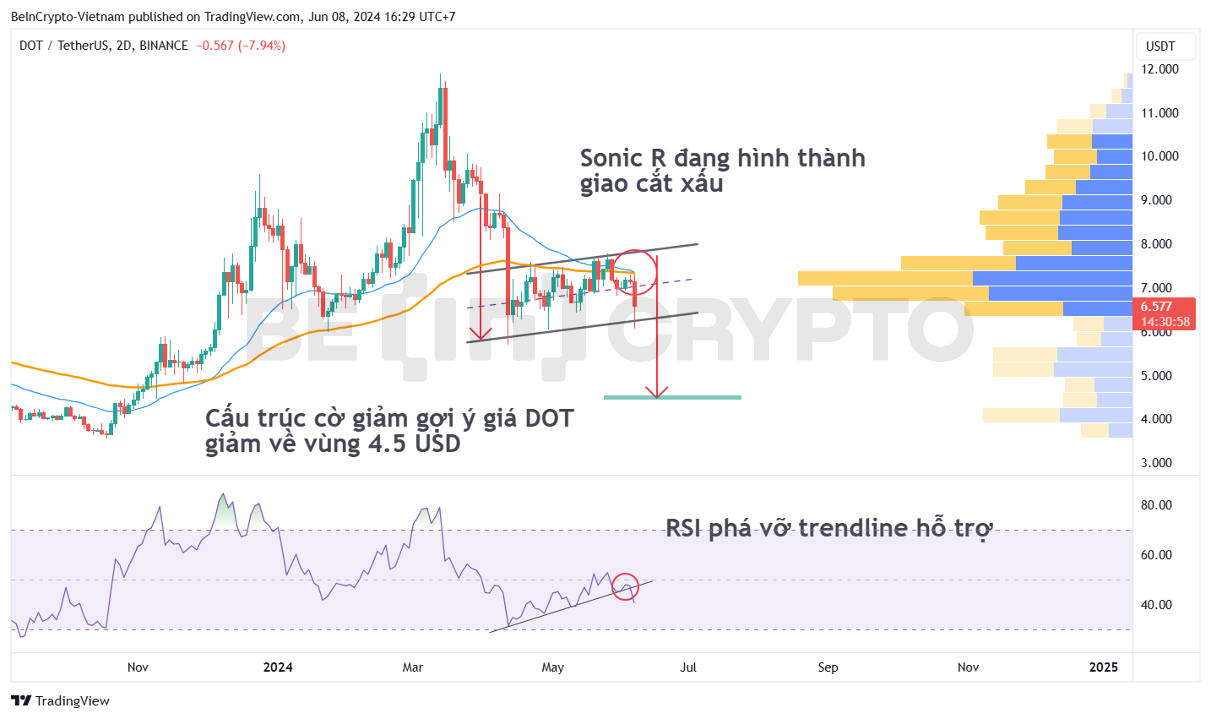 Cập nhật phân tích kỹ thuật DOT với Sonic R, và RSI.
