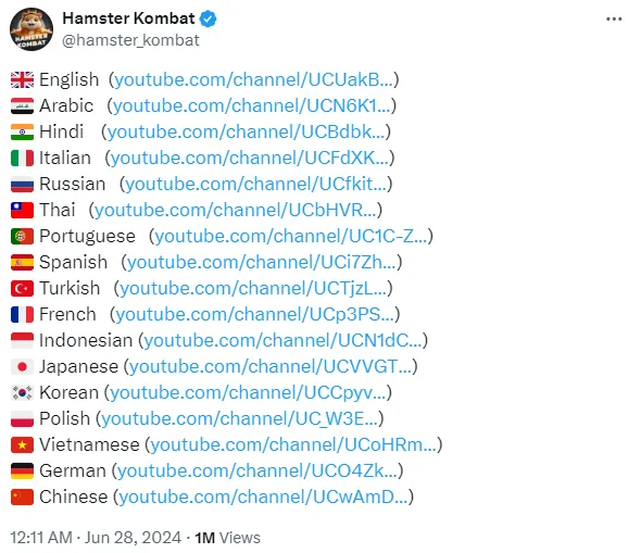 Danh sách loạt kênh YouTube của Hamster Kombat