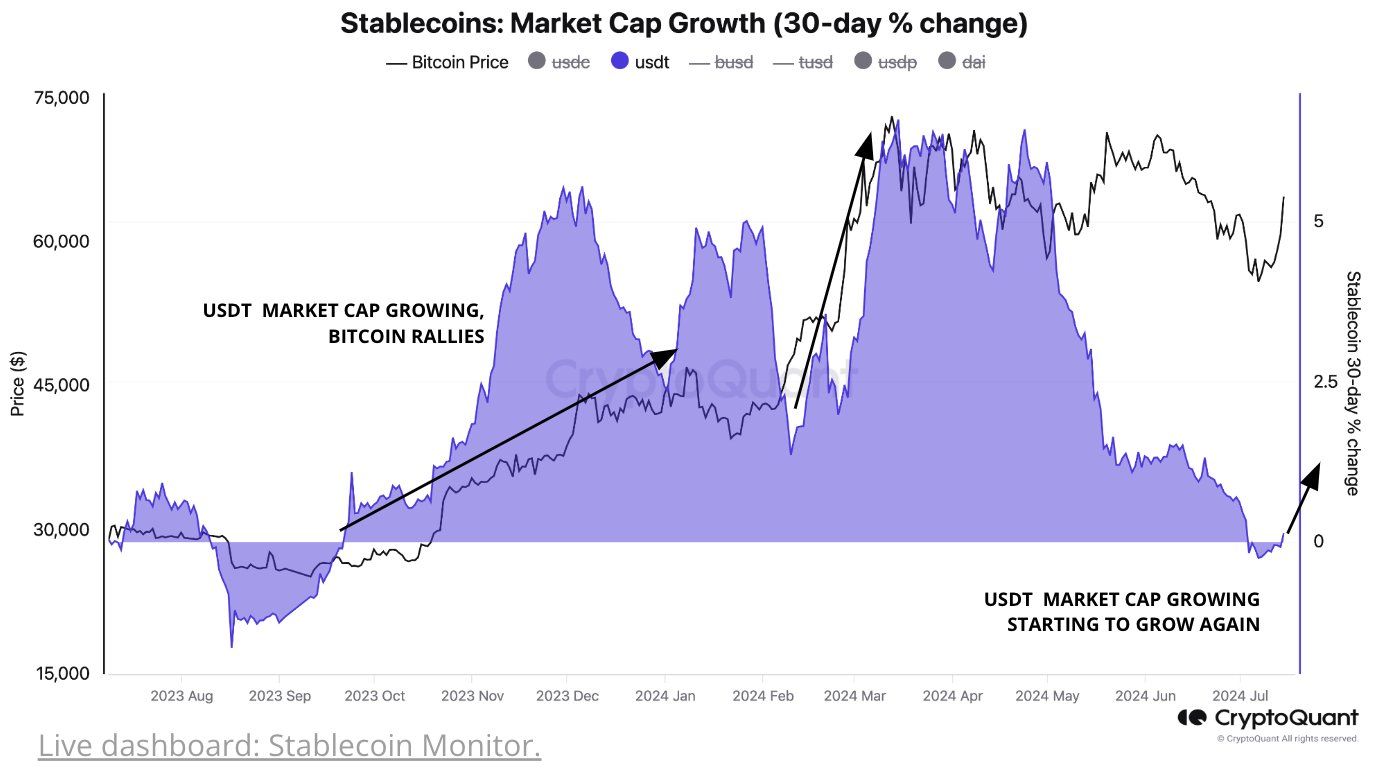 Tăng trưởng vốn hóa USDT và giá Bitcoin. Nguồn: CryptoQuant.
