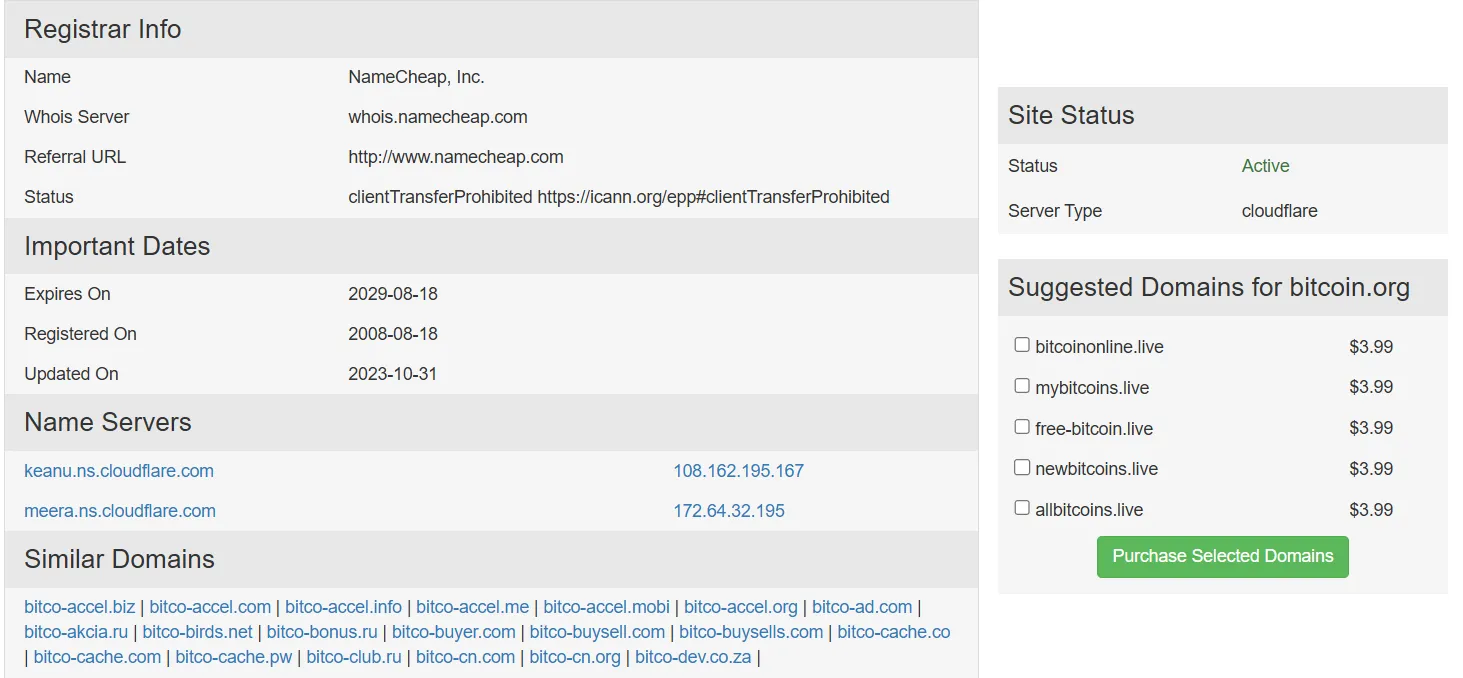 Thông tin đăng ký Bitcoin.org