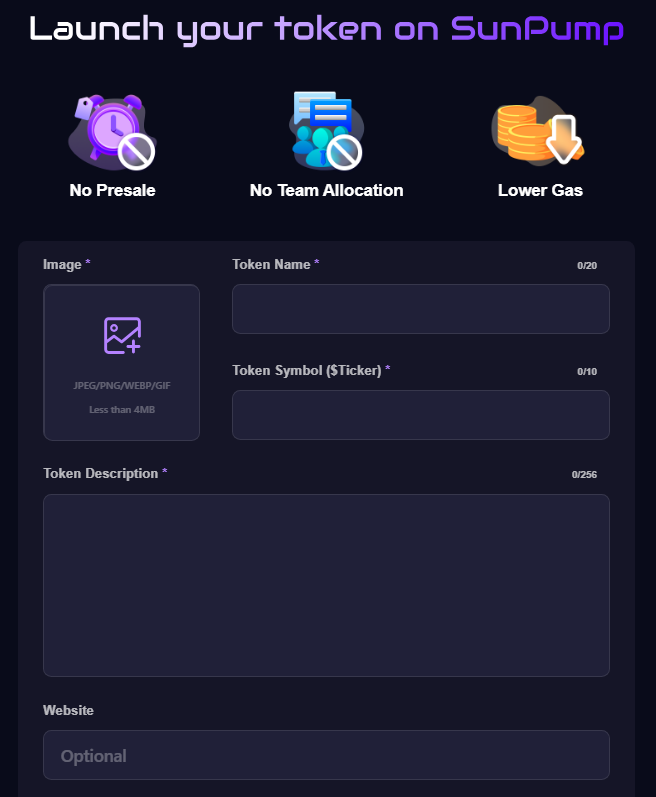 Giao diện tạo token cực kỳ đơn giản trên Sunpump. Nguồn: sunpump.meme
