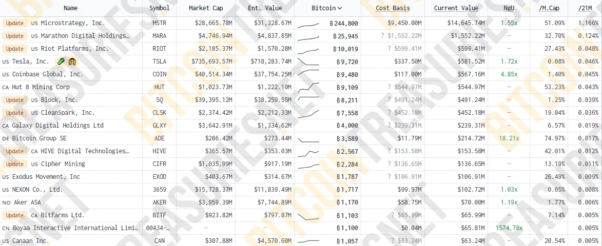 Những công ty sở hữu nhiều BTC. Nguồn: bitcointreasuries