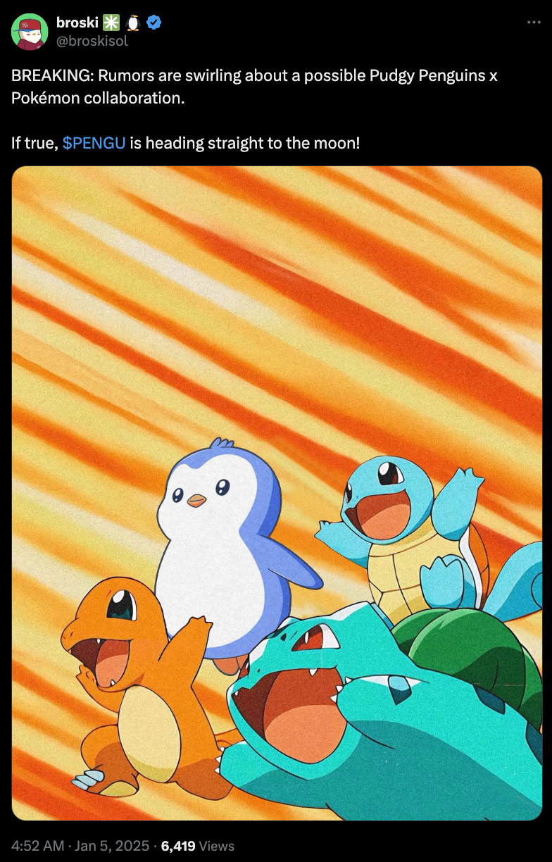 Tin đồn về hợp tác giữa Pudgy Penguins và Pokémon. Nguồn: X