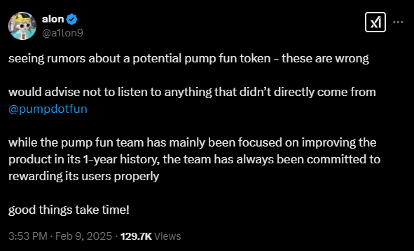 Co-Founder Pump Fun chia sẻ về việc ra mắt token. Nguồn: alon