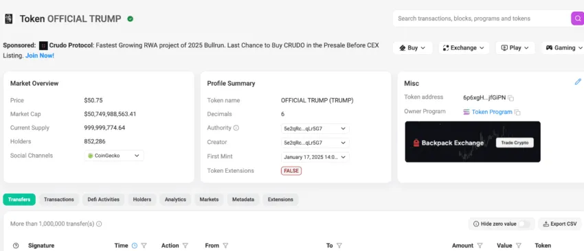 TRUMP explorer page: Solscan