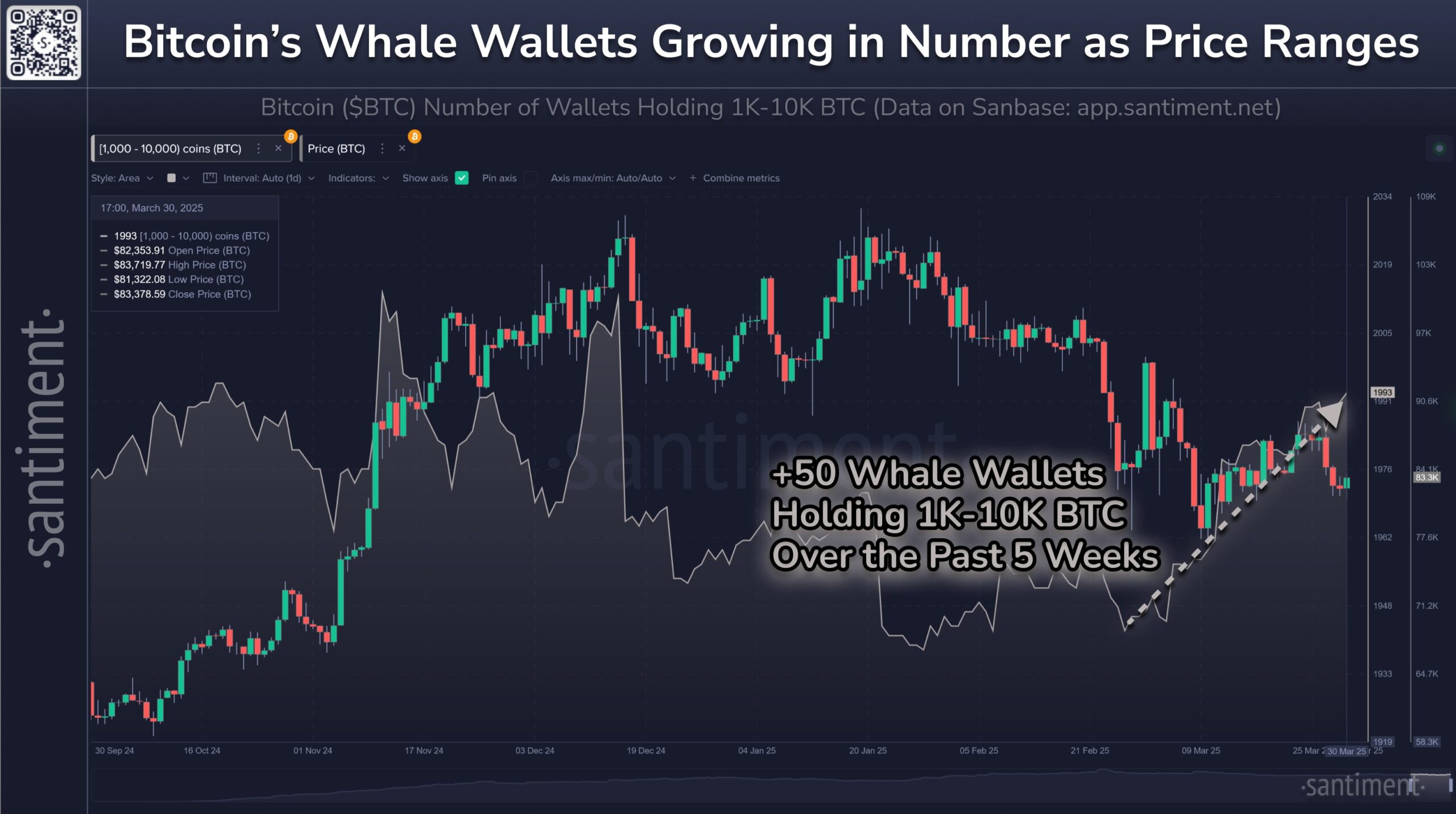 Ví cá voi Bitcoin (cụ thể là những người nắm giữ 1K-10K $BTC) tiếp tục tăng về số lượng. Nguồn: Santiment