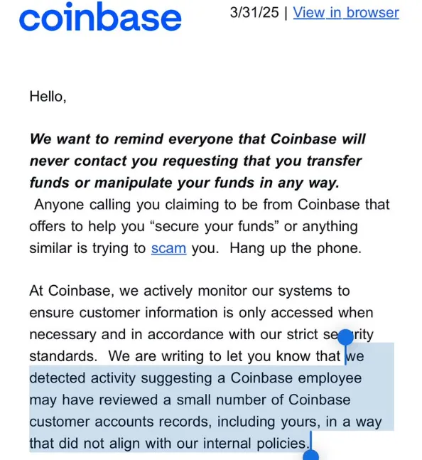 Thông báo của Coinbase đến khách hàng